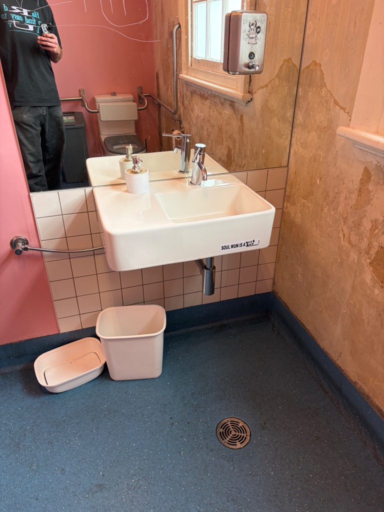Accessible toilet basin and mirror. Basin height: 840 mm. Grab rails are provided in the toilets.