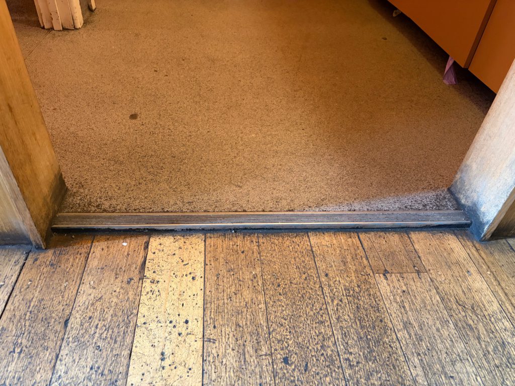 Close-up of the small lip at the main toilet entrance, included to show the floor transition.