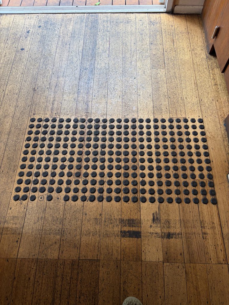 Close-up of tactile indicators on the timber floor.