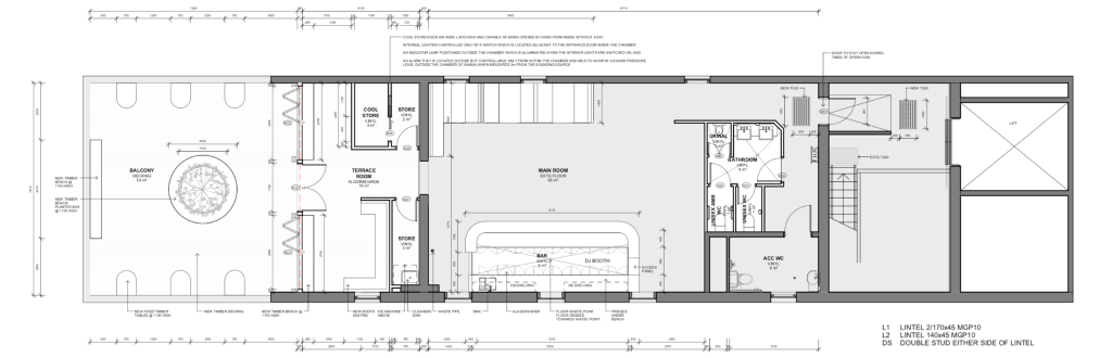 Floor plan of Runner Up: balcony and terrace on the left, main room and bar in the centre, toilets on the right, lift and stairs at the far right.